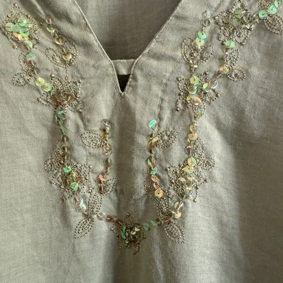 BUTTONS | 90s Vintage Sage Green Sequin V Neck Linen Shirt Tunic | Large - Picture 4 of 8